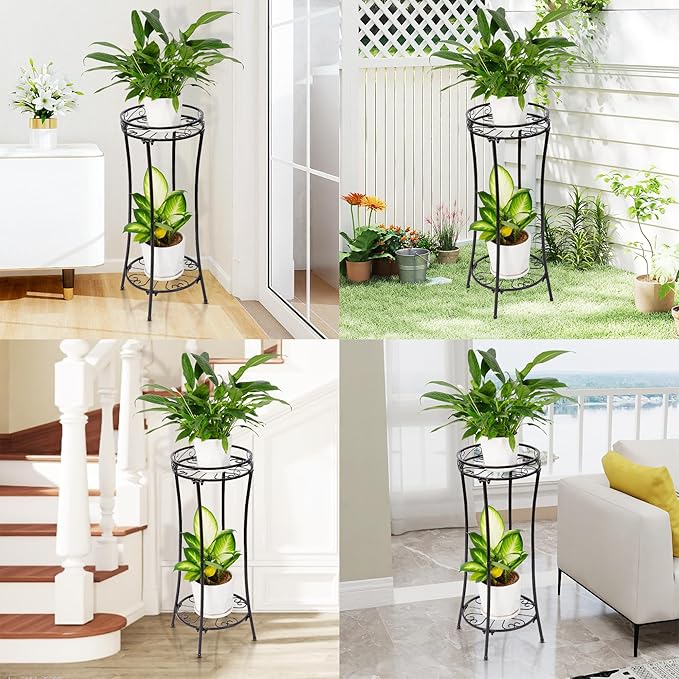 Azysow Plant Stand Indoor Outdoor 2 Tier 29" Tall Metal Heavy Duty Rustproof Plant Shelf, Round Multi Tier Flower Pot Holder for Garden Patio Balcony, Black