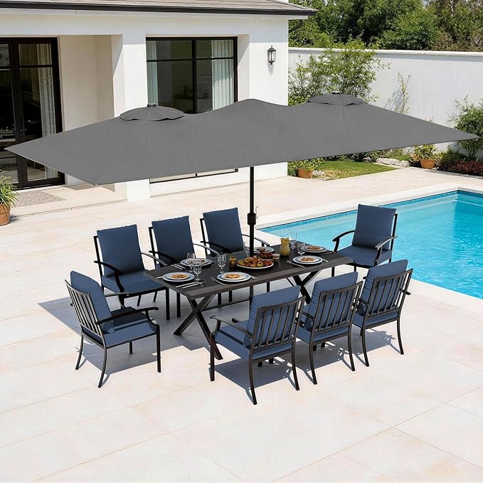 10 Pieces Patio Dining Set,Metal Outdoor Furniture Set Includes 13.6FT Grey Umbrella,Hole Cut-Out 78.7" x 35.4" Table and 8 Metal Backrest Chairs for Backyard,Garden,Navy