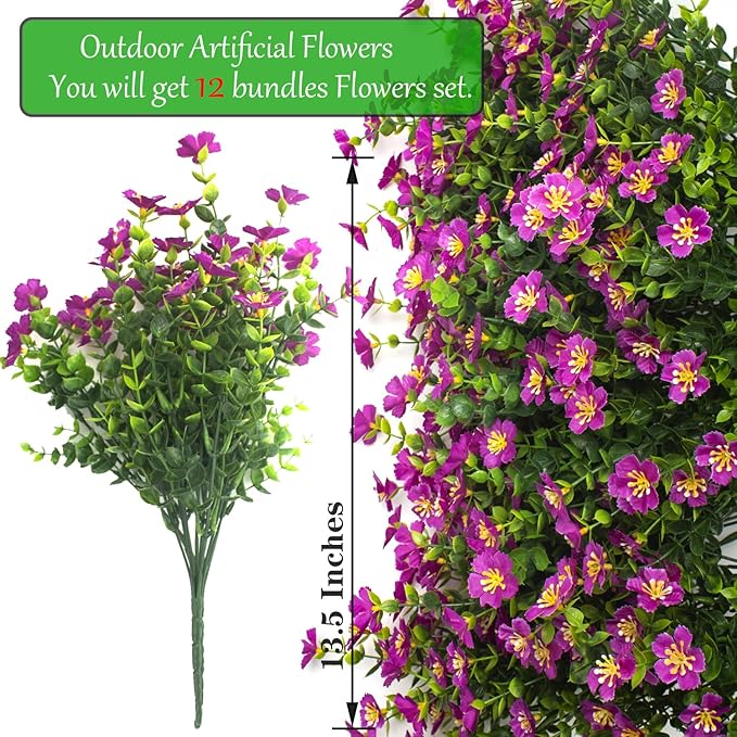 Grunyia Outdoor Artificial Flowers UV Resistant & Fade Proof, 12 Pack Realistic Fake Flowers for Garden, Patio, Lawn Decor - Weatherproof Plastic Plants (Magenta)