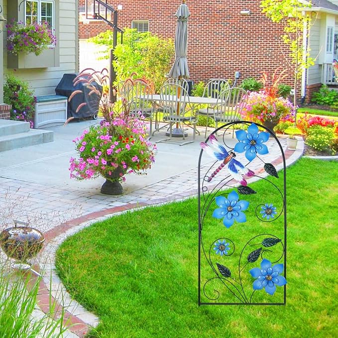 Garden Decor for Outside, YEAHOME 34 Inch Decorative Garden Stakes with Flowers Dragonflies, Metal Spring Yard Decorations for Outdoor Patio Lawn Backyard