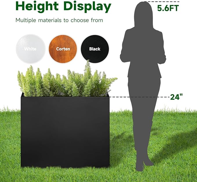GZLVSOW Black Steel Planter Box for Outdoor Plants 24" x 10" x 24" Metal Rectangular Outdoor Planter Box All-Weather Use with Drainage Holes for Patio,Porch,Garden (Black, 24 * 10 * 24)