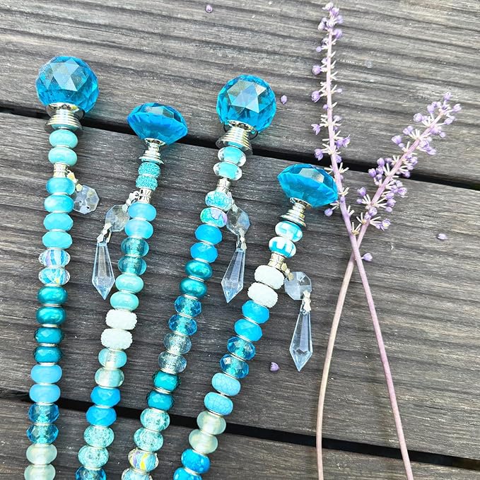 Exway 100 PCS DIY Fairy Wand Beaded Garden Stake Beads Kits with Light Blue Large Hole Beads 4 Crystal Stopper Top Threaded Rods and 4 Light Blue Sparkling Crystal Pendants for Outdoor Indoor Decor