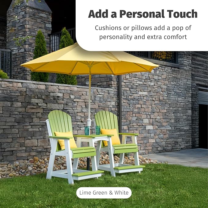 LuxCraft Poly Tete-a-Tete Patio Table and Counter Height Balcony Chairs with Umbrella Hole, Weatherproof Outdoor Patio Furniture Set for Outside - Amish Made in USA (Aruba Blue & Black)