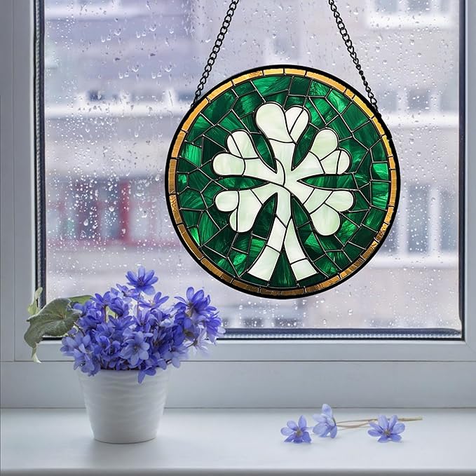 QZQCBLC Stained Glass Window Hanging Green Clover 7.8" - Suncatcher Door Garden Sun Catcher Home Ireland Decor Birthday Mother's Day St Patrick's Day Gifts for Mom Men Woman Wife Friend