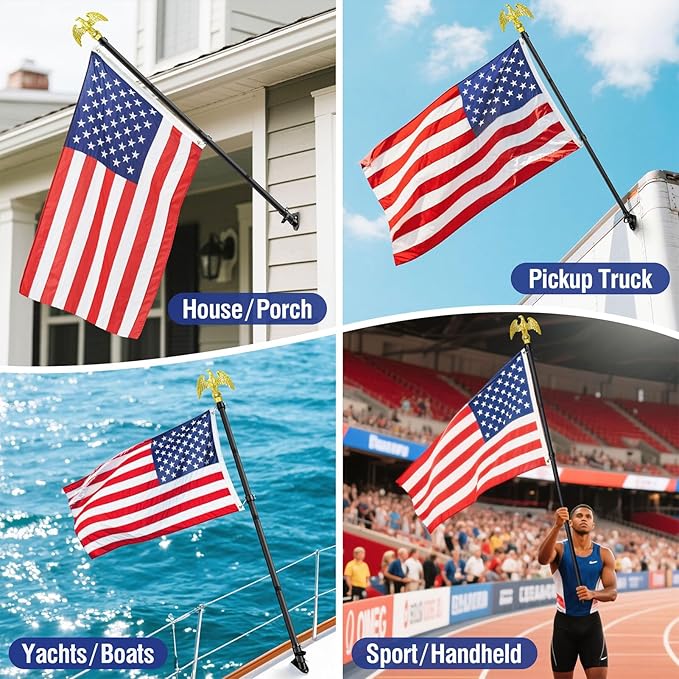 Flag Pole for Outside House, Outdoor Black Heavy Duty Porch 6 FT Flag Pole Kit, for Residential or Commerical, Tangle Free Flagpole (Include American 3 X 5 Flag, Wall Mount Holder, Eagle Shaped Head)