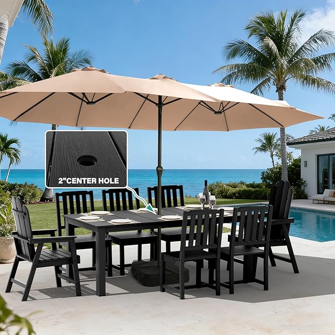 9-Piece Patio Dining Set, Outdoor Dining Set for 8, HDPE All-Weather Outdoor Furniture with 75.20” Umbrella Hole Table, 2 Armchairs & 6 Armless Chairs, Black