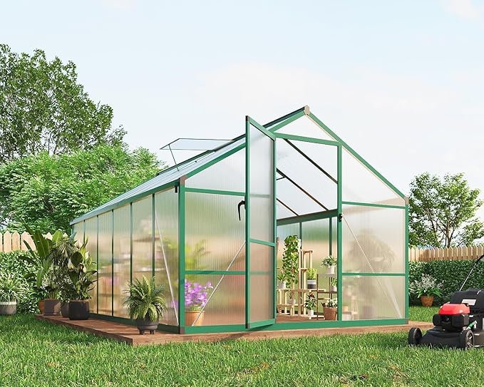 8X12 FT Greenhouse for Outdoors, Polycarbonate Flower Greenhouse with Roof Vent, Push-Pull Lockable Door, Aluminum Walk-in Greenhouses for Outside Garden Backyard, Patio, Lawn, Green