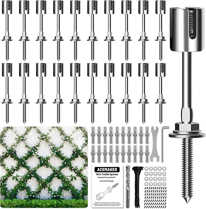Acemaker Wire Trellis for Climbing Plants Outdoor, 20-Set Wall Trellis Kit, T316 Espalier System for Fence and Garden DIY Projects (Hubs Only, Without Cable)