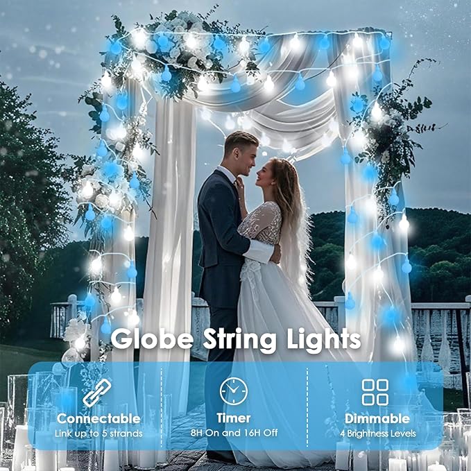 LORRYTE 43FT Connectable String Lights Indoor Outdoor | 100LED Blue and White Globe Fairy Lights Plug in with Timer, 13 Modes Hanging Light for Bedroom Classroom Wedding Party Girl's Room Decorations