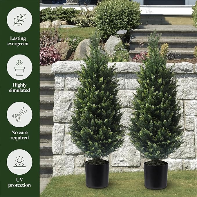 37 Inch Set of Two，Artificial Cedar Topiary Tree, for Indoor & Outdoor Decoration, UV Protection Potted Shrubs for Front Door, Beautiful and Lifelike Tree(37 Inch)