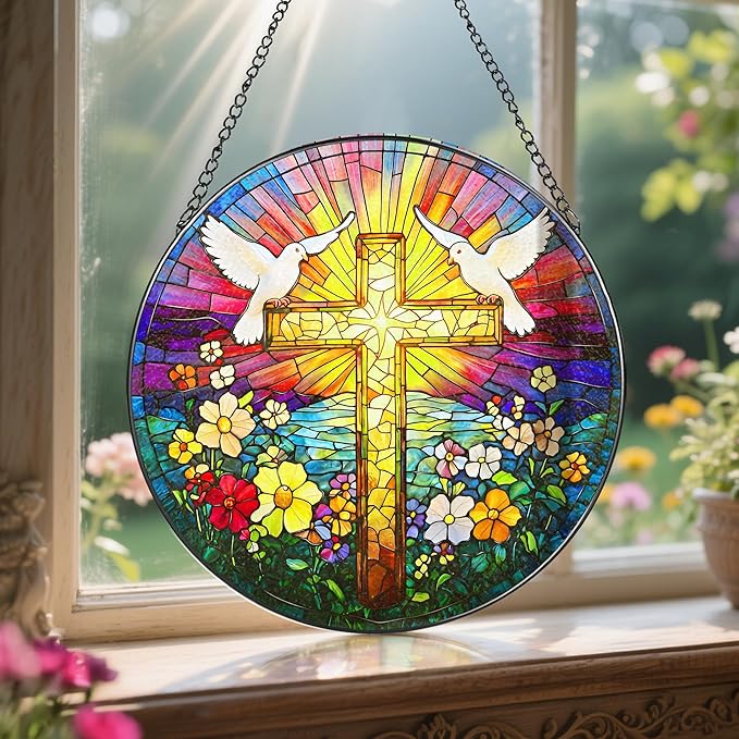 8'' Cross Stained Glass Ornament, Religious Suncatcher, Christian Window Hanging Decor, Easter Decor, Gifts for Christmas, Religious Gift, Christian Gift