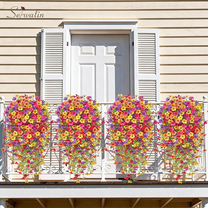 Serwalin 12PCS Artificial Fall Flowers for Outdoors Decoration, Realistic Silk Artificial Fall Hanging Flowers for Patio, Garden, Porch, Window, Outside (Yellow, Hot Pink, Purple &Orange,12PCS)