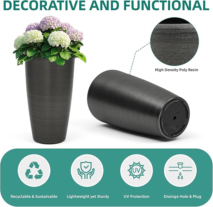 Autodaya 22.8" Tall Planters Set of 2, High-Density Resin Brushed Outdoor Pots for Plants, Versatile Indoor/Outdoor Flower Pots w/Drainage Hole for Patio Garden Porch & Living Room Decor, Ideal Gift