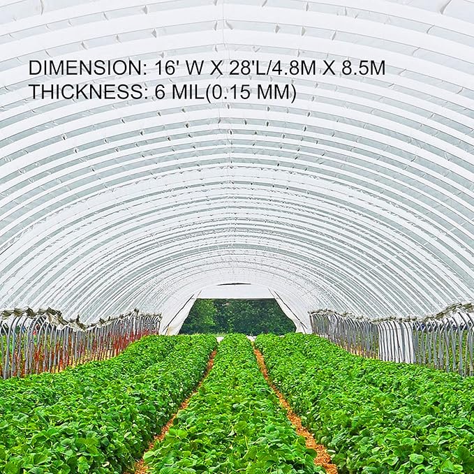 VEVOR Greenhouse Plastic Sheeting 16 x 28 ft, 6 Mil Thickness UV Resistant Clear Polyethylene Film, Hoop Green House Cover for Farms, Agriculture, Garden