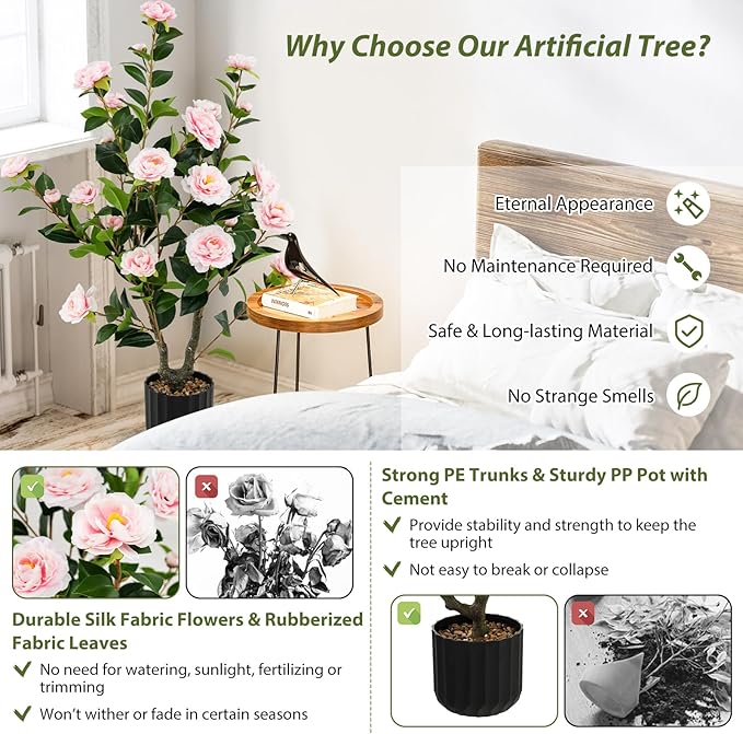 Goplus 38’’ Artificial Camellia Tree, 2 Pack Flower Plants Artificial Tree, Faux Floral Plant Blooming Tree in Cement Pot, Greenery Potted Plant for Indoor Outdoor Office Home Porch Decor