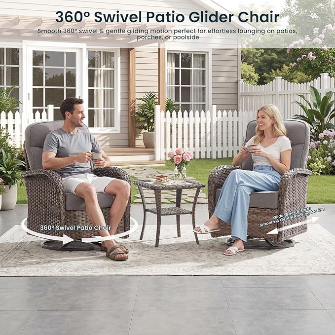 Luxury 6-Inch Cushion Patio Furniture Set with 41" Fire Pit Table, High Back Swivel Rocker Patio Chairs with Outdoor Couch, Outdoor Wicker Conversation for Deck Porch Garden Balcony Poolside