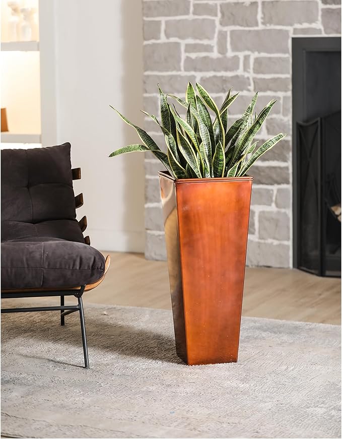 UltiTeque 28in Tall Metal Copper Square Planter Galvanized Steel Metal Planters for Indoor/Patio Deck Garden Entrance Planter