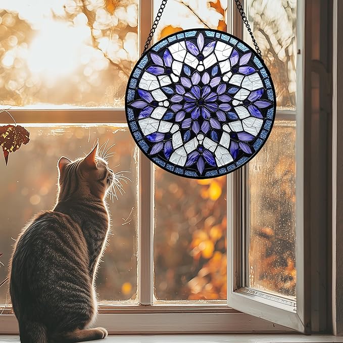 AMDERVEN Stained Glass Window Hanging, Purple Blue Tiffany Style Flowers Sun Catcher for Window Door Home Decor Suncatcher Christmas Mother's Day Birthday Gifts for Women Men Mom Nana 9.8 in