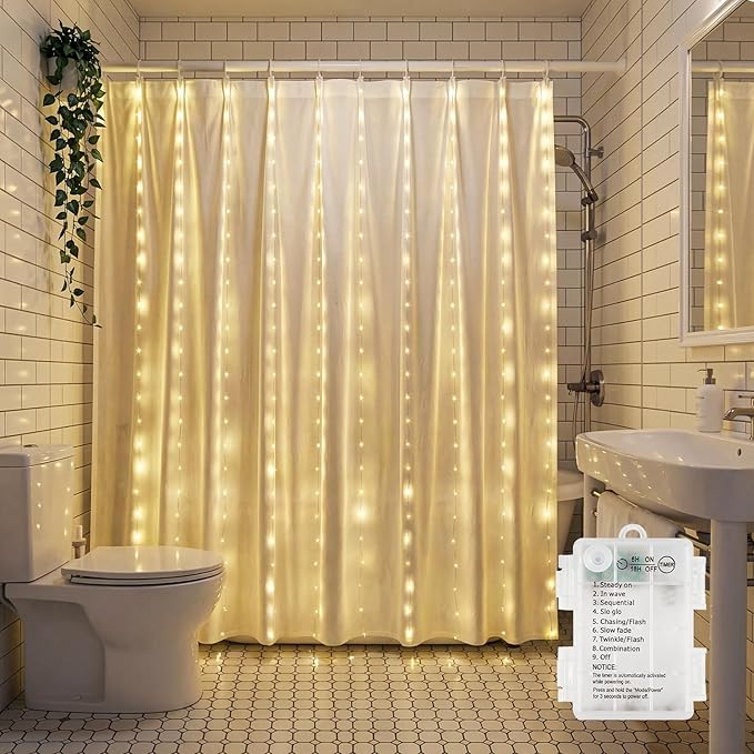 Brightown 180 LED Shower Curtain Fairy Lights, 70 Inch Warm White Waterproof Battery Operated String Light, 8 Modes, Battery Powered Christmas Light for Indoor Outdoor Decor(No Curtain)