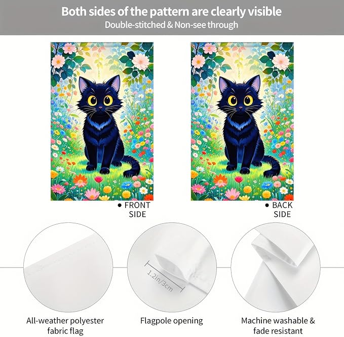 Spring Garden Flags 12x18 Double Sided Spring Garden Flags For Outside Decor Black Cat with Colorful Flowers Backdrop Seasonal Outdoor Decoration Springs Banner For Home