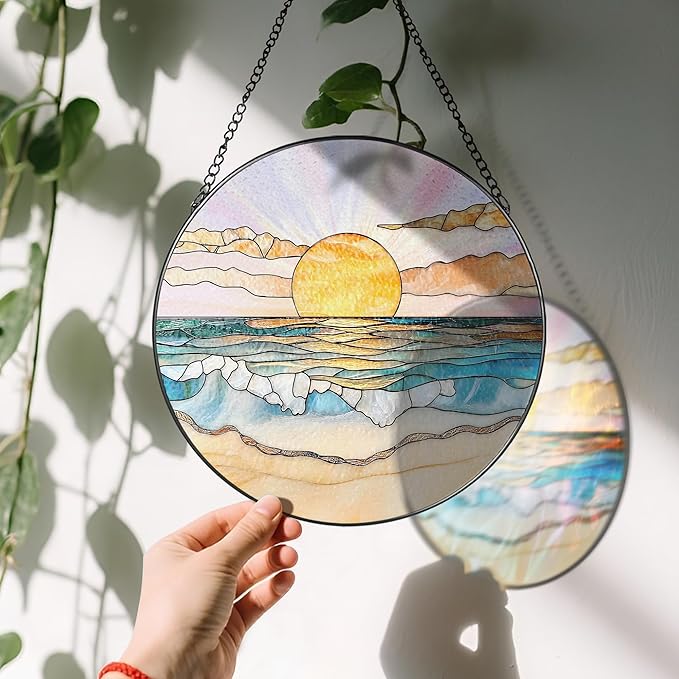 LAOWEIKI 8'' Ocean Sunset Suncatcher Ornament, Stained Glass Window Hanging, Suncatchers for Windows Hanging Ornaments, Window Decor | Beach Lover Gift, Summer Vibes Gift, Gifts for Friends, Famliy