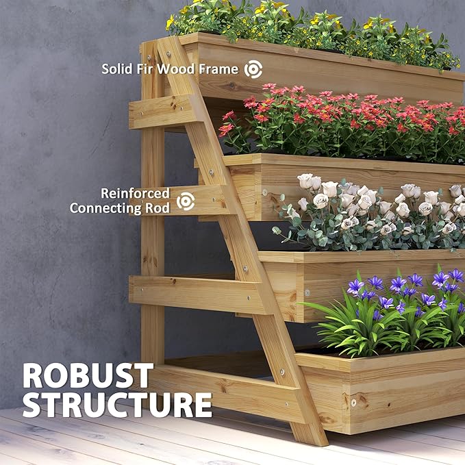 Outsunny 4 Tier Raised Garden Bed with Drainage Holes, Vertical Wooden Planter Box Freestanding Garden Bed with Bed Liner, Outdoor Planter Box for Garden, Patio, Balcony