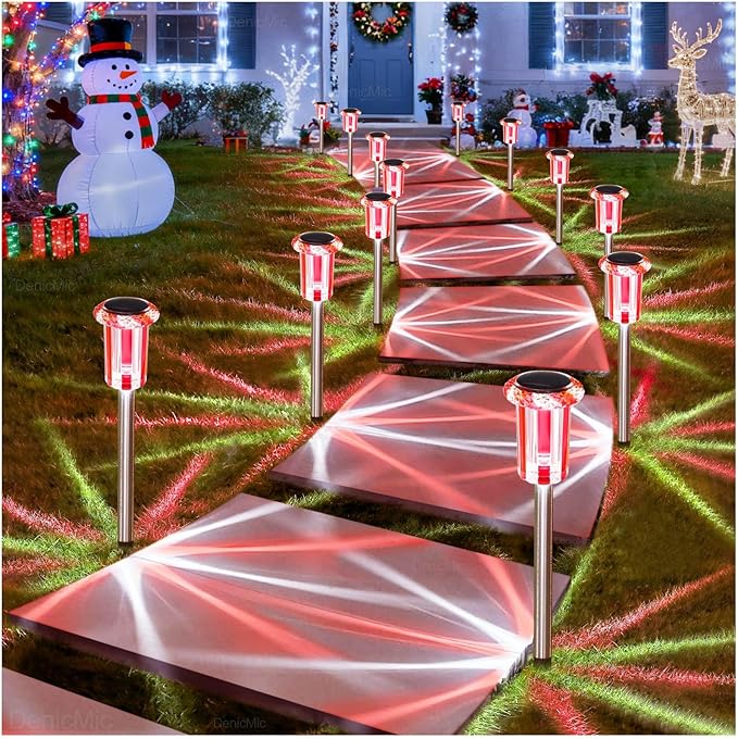 DenicMic Solar Lights Outdoor 10 Pack Waterproof Red White LED Stainless Steel Stake Outside Lights for Yard Pathway Garden Driveway Walkway Landscape Path Lighting Christmas Decorations