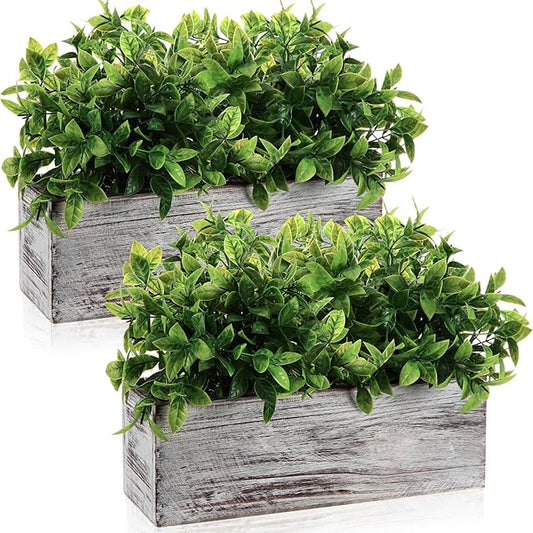 Lyrow 2 Pack Artificial Eucalyptus Plant in Rectangular Rustic Wooden Planter Box Faux Potted Herb Plant Table Centerpiece for Kitchen Windowsill Shelf Decor (White,11.4 '')