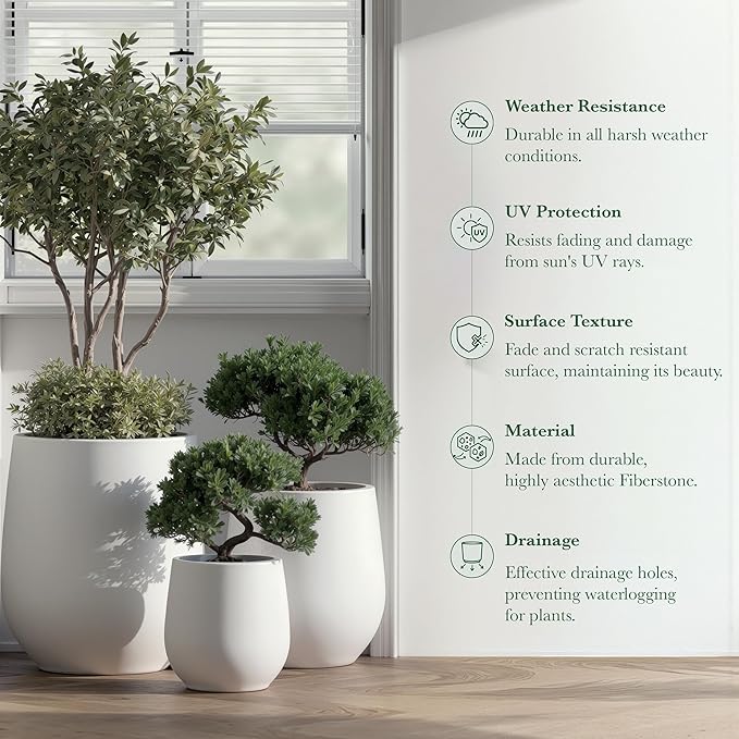 DTY Signature Mount Wilson 15''D x 16.5''H Modern Indoor Outdoor Fiberstone Tapered Planter, Lightweight, Weather Resistant Garden Pot with Drainage Hole & Rubber Plug - White, Medium