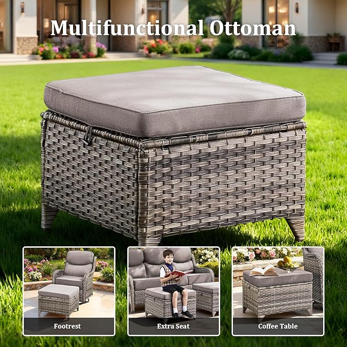 Luxury Outdoor Swivel Rocker Patio Chairs Set of 5, High Back Swivel Patio Chairs with Side Table & 6" Thick Cushions, Ottomans, Wicker Outdoor Bistro Set for Porch, Yard, Deck, Poolside, Grey