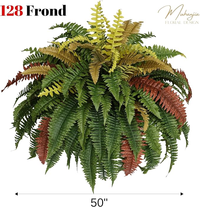 Muhanjia 50” Silky Artificial Boston Fern, 128 Fronds Large Hanging Plants for Outside Planter,Bush Floor Plants Large for Home Decor Porch Patio Garden Indoor Outdoor (128Fronds1Pcs)