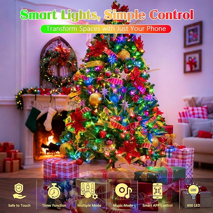 2025 New 188FT 600LED Smart Color Changing Christmas String Lights Outdoor App Control RGB LED String Lights with Remote & Timer, Waterproof Twinkle Christmas Tree Lights Indoor For Holiday Xmas Decor