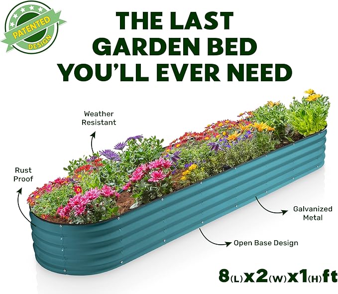 Plant & Plot Galvanized Raised Garden Beds Outdoor // 8×2×1 ft Planter Raised Beds for Gardening, Vegetables, Flowers // Large Metal Garden Box (Turquoise) // Patented Tool-Free Design