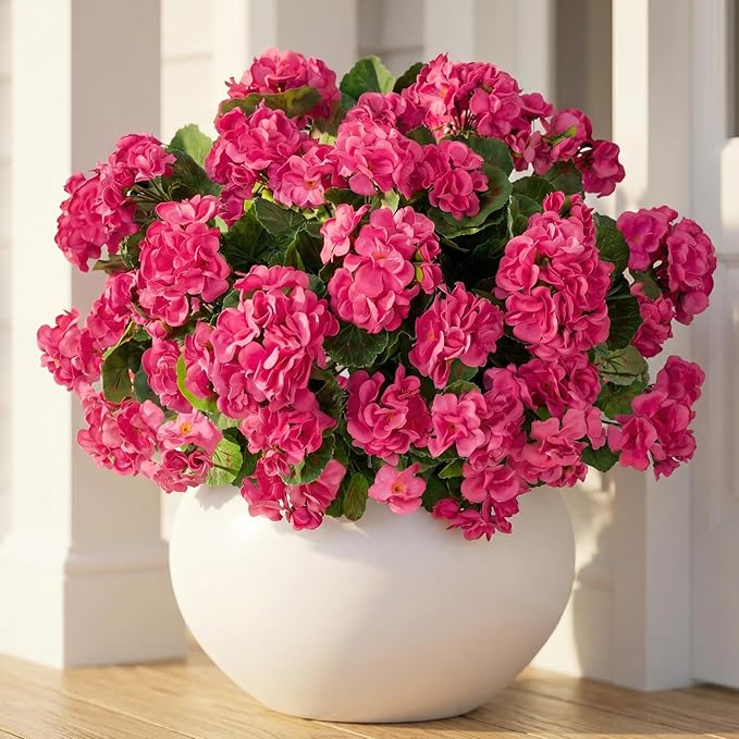 Uqueeten Artificial Flowers for Outdoors Artificial Geranium, 8PCSFake Flower Geranium Artificial Plant Home Decor,Silk Geraniums Artificial Flowers Realistic Outdoor Decoration 14.4"(Rose Red)