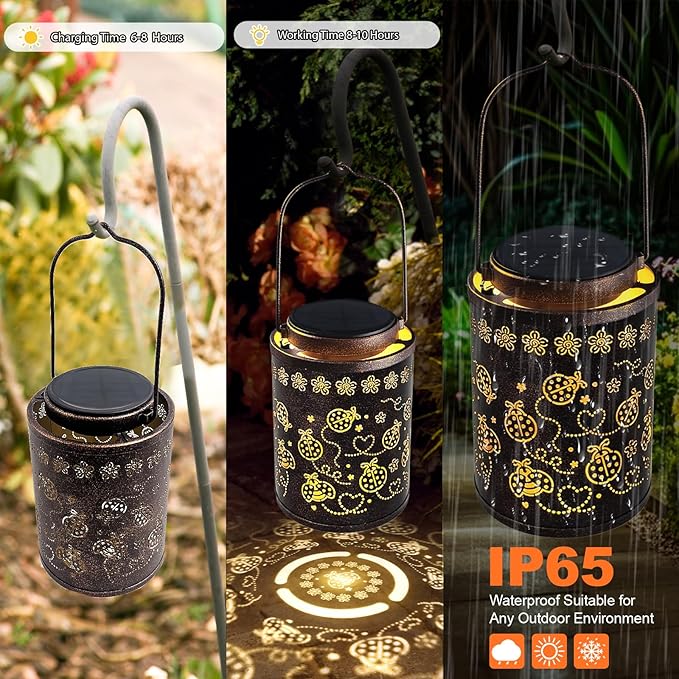 Upgraded Ladybug Solar Lanterns Outdoor Waterproof Hanging Metal Lanterns for Garden, Yard, Patio & Porch, Lucky Ladybug Birthday & Romantic Gifts for Women, Mom, Grandma