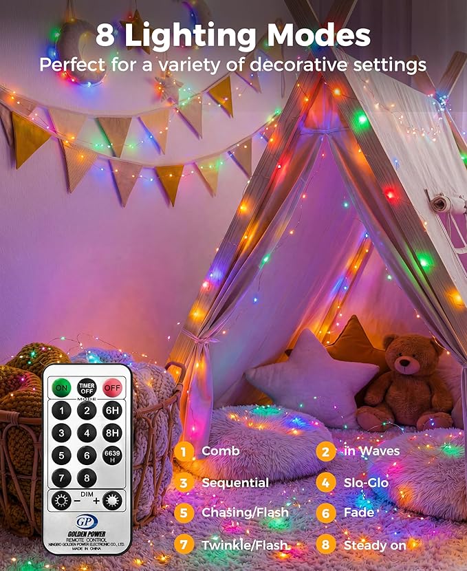 Plug-in Fairy Lights, 33 Ft 100 LED String Light with Remote, 8 Modes, Timer and Dimming Twinkle Lights for Indoor, Bedroom, Party, Decoration, Holiday, Multi-Colored