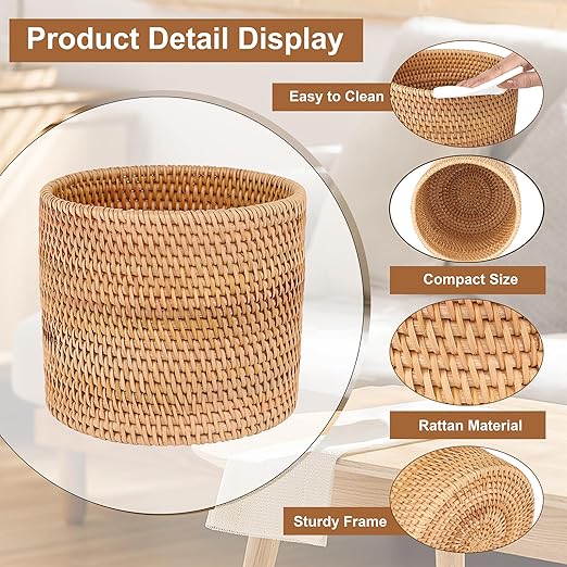 Sumnacon Mini Wicker Trash Can Cute Round Waste Basket for Bedroom Desktop Natural Rattan Trash Can for Bathroom,Office,Kitchen Versatile Woven Trash Cans for Paper Waste,Plant,Flower