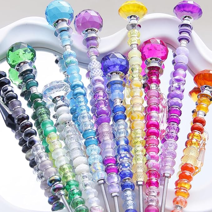 300 Pcs DIY Fairy Wand Beaded Garden Stakes Kit, Fairy Wands Garden Kit Colorful Large Hole Bead with Pendants Crystal Stopper Top Threaded Rod Beaded Garden Stakes Supplies for Outdoor Decorative