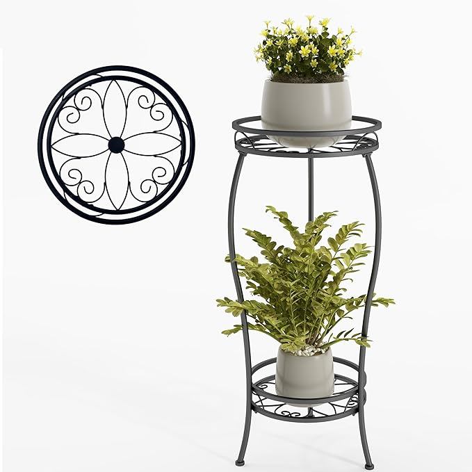 NUZZERO Plant Stand for Indoor Outdoor,Tall Black Metal Rustproof Stable Plant Stands,2 Tier 27.1 inch Multiple Corner Display Shelf Plant Rack Holder Rack Flower Pot Stand Heavy Duty Plant Shelf
