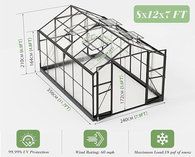 Jocisland 8x12 FT Polycarbonate Greenhouse with Quick-Connect Fittings, Large Walk-in Aluminum Sunroom with 2 Swing Doors and 4 Vents, Winter Greenhouse for Outdoors Black