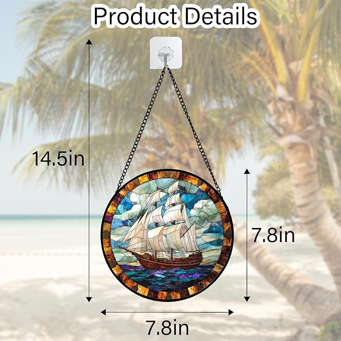 DASTOLL Stained Glass Window Hanging, Sailing Ocean Sun Catchers Glass Panel Navigation Suncatcher Decor for Birthday for Women, Men, Wife, Aunt, and Mom 7.8 in