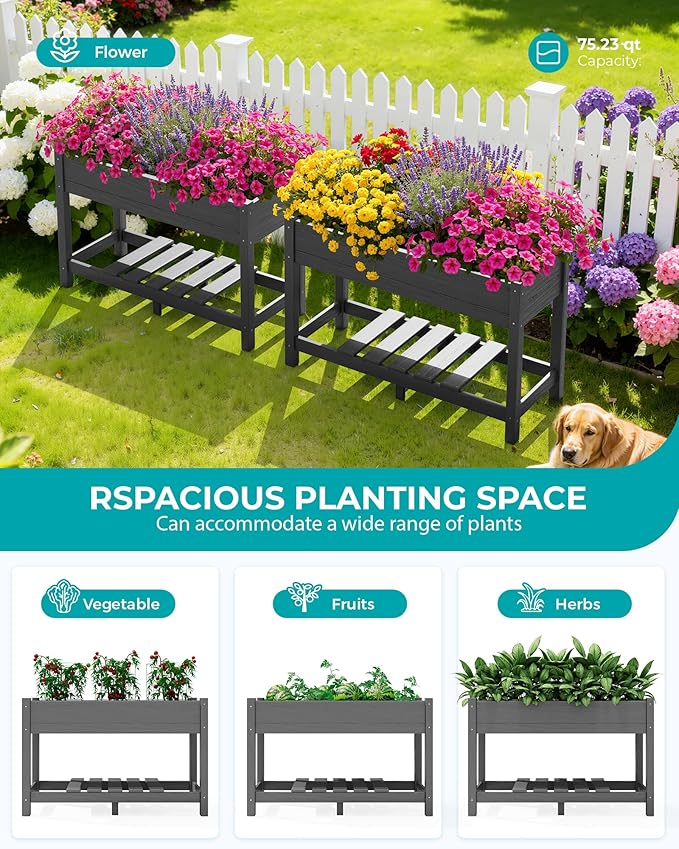 SERWALL Raised Garden Bed with Legs, 43"×17"×30" Large HDPE Elevated Planter Box for Vegetables Flower Herb Patio, All Weather Use- Gray