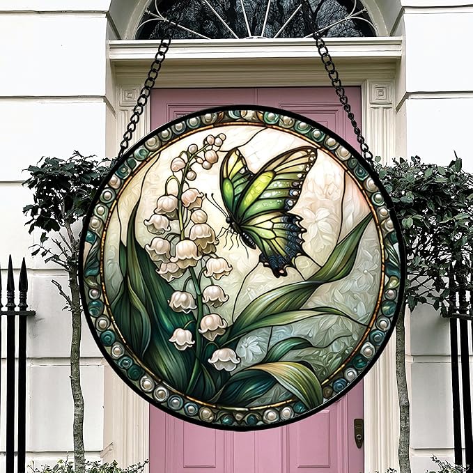 DASTOLL Stained Glass Window Hanging, Lily of The Valley Flower Butterfly Suncatcher for Doors Home Sun Catchers Decoration and Christmas, Mother's Day Birthday Gifts for Women, Men, Mom 14.9x14.9 in