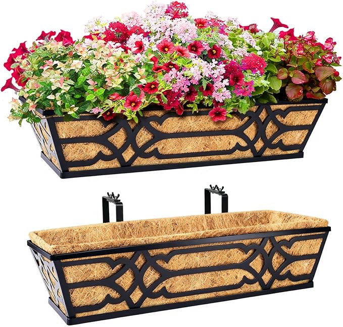 Railing Planter Box, Window Planter Boxes Outdoor 2 Pack 24 Inch Hanging Planter with Adjustable Bracket for Porch, Fence Flower Baskets with Coco Liners