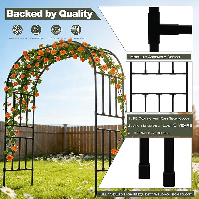 Carotex Square Tube Garden Arch Trellis, 8.2FT x 5FT Metal Arbor, Outdoor Trellis for Climbing Plants, Black