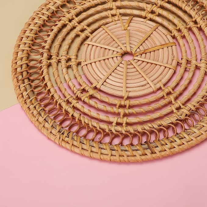 Boho Wall Basket Decor Set: Round Rattan Wall Decor, Hanging Basket, Flat Woven, Flower Shape, Khaki, 13"L x 13"W, Unisex, Indoor, Living Room
