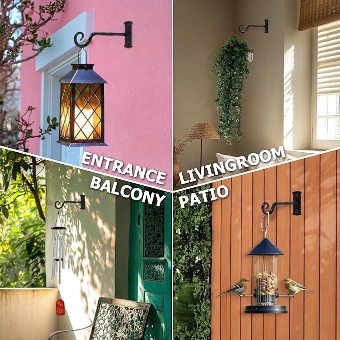BEGINS Plant Hangers Outdoor Wrought Iron Metal Hanger Hook 2 Pack 8 inch Wall Bracket Hooks for Flower Pots, Wind Chimes, Solar Lanterns, Garden Decor