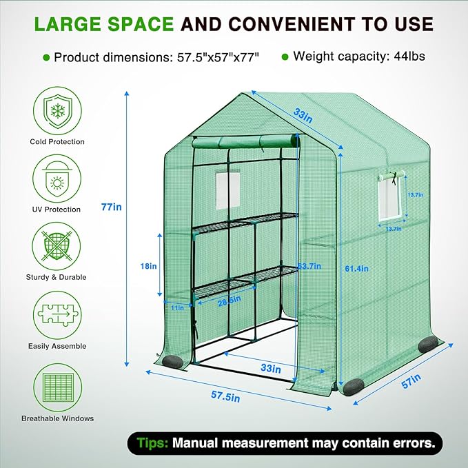 Yesker Greenhouse 57.5"x57"x77" Walk in Green House - Large Outdoor/Indoor Greenhouses with 8 Shelves Waterproof PE Cover & Windows, Portable Greenhouse Kit for Winter Backyard Gardening Patio, Green