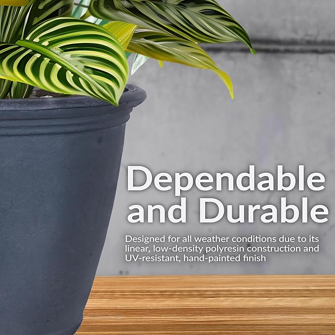 Sunnydaze 24-Inch Anjelica Large Plastic Pot for Plants - Double-Walled Outdoor Polyresin Round Planter Porch Pot with Drillable Drainage Holes - Slate - 2pk