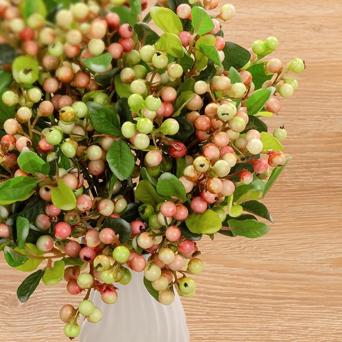 SHACOS Artificial Pink Berry Stems 20 PCS Fake Berries Branches Spray with Green Leaves 9.8 inch Small Berry Picks for Christmas Decorations Crafts Filler Holiday Home Decor, Pink